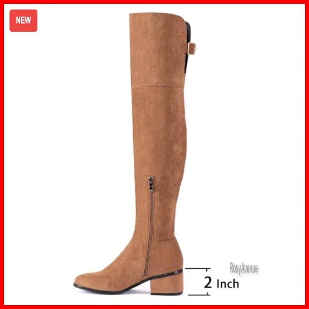 Women's Over-the-Knee Boots with Adjustable Buckle, Side Zipper, 2-Inch Block